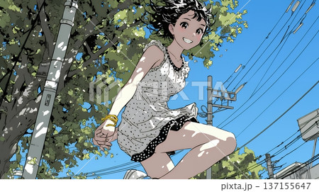 喜びにあふれ、軽やかにスキップする若い女性