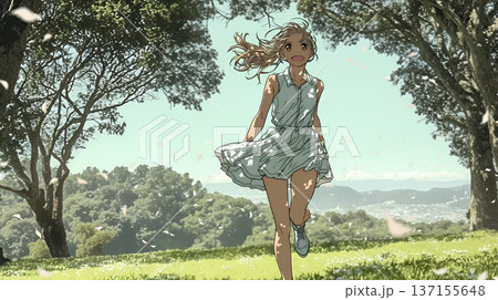 喜びにあふれ、軽やかにスキップする若い女性