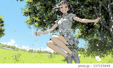 喜びにあふれ、軽やかにスキップする若い女性