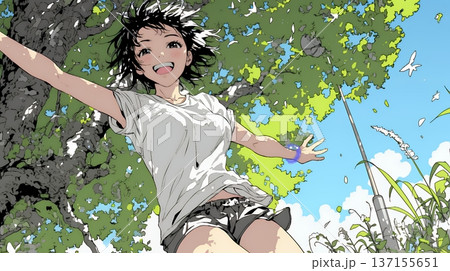 喜びにあふれ、軽やかにスキップする若い女性