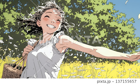 喜びにあふれ、軽やかにスキップする若い女性