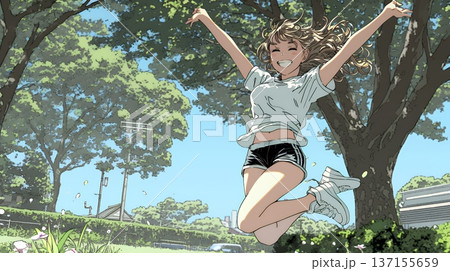 喜びにあふれ、軽やかにスキップする若い女性 137155659