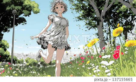 喜びにあふれ、軽やかにスキップする若い女性 137155665