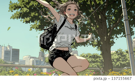 喜びにあふれ、軽やかにスキップする若い女性