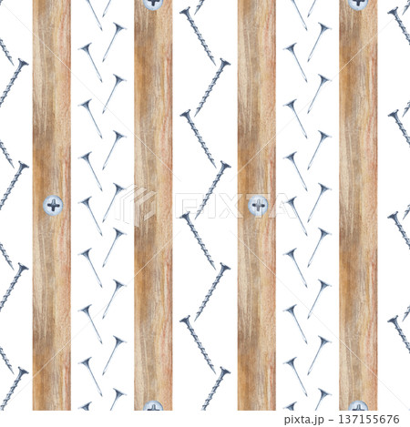 Vertical seamless pattern of wooden slats, nails and screws on an insulated background. Watercolor illustration with working tools for home renovation. Background for packaging, printing, repair shops Vertical seamless pattern of wooden slats, nails and screws on an insulated background. Watercolor illustration with working tools for home renovation. Background for packaging, printing, repair shops 137155676