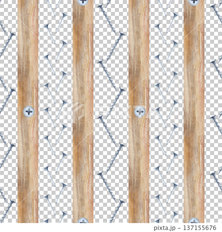 Vertical seamless pattern of wooden slats, nails and screws on an insulated background. Watercolor illustration with working tools for home renovation. Background for packaging, printing, repair shops Vertical seamless pattern of wooden slats, nails and screws on an insulated background. Watercolor illustration with working tools for home renovation. Background for packaging, printing, repair shops 137155676