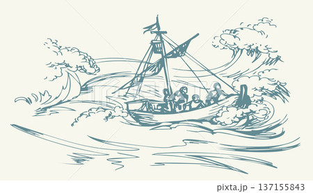 Vector drawing. Sailors on a ship in a storm 137155843