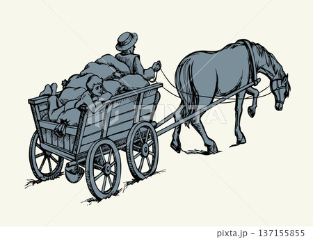 Vector drawing. A cart drawn by a horse Vector drawing. A cart drawn by a horse 137155855