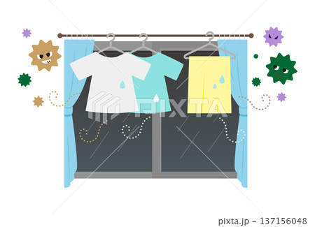 バイ菌と洗濯物を部屋干しするイラスト バイ菌と洗濯物を部屋干しするイラスト 137156048