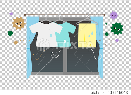 バイ菌と洗濯物を部屋干しするイラスト バイ菌と洗濯物を部屋干しするイラスト 137156048