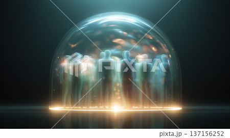 光のドームに守られた人々のシルエットと心理的安全性を象徴する抽象概念図 137156252