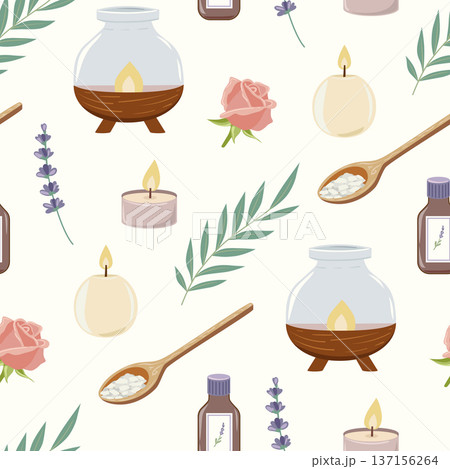 Aromatherapy seamless pattern with candles and herbs 137156264