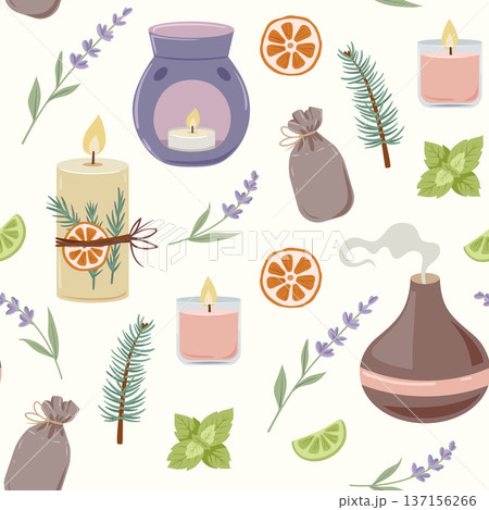 Aromatherapy seamless pattern  with herbs, aroma lanp and candles 137156266