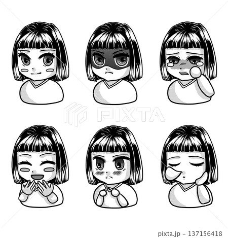 ショートボブの女の子のモノクロイラスト　基本の表情バリエーションセット 137156418