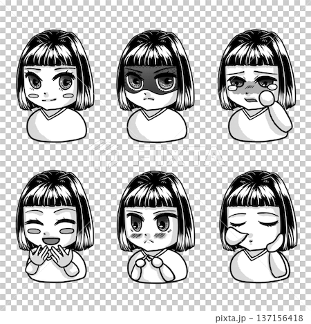 ショートボブの女の子のモノクロイラスト　基本の表情バリエーションセット 137156418