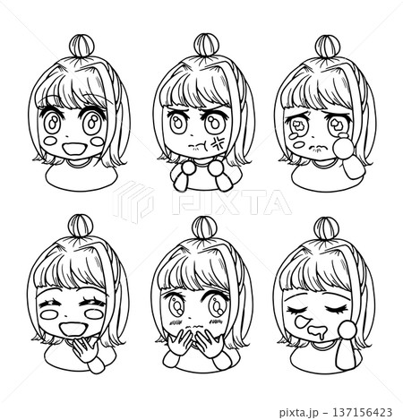 お団子の女の子の線画イラスト 基本の表情バリエーションセット お団子の女の子の線画イラスト 基本の表情バリエーションセット 137156423