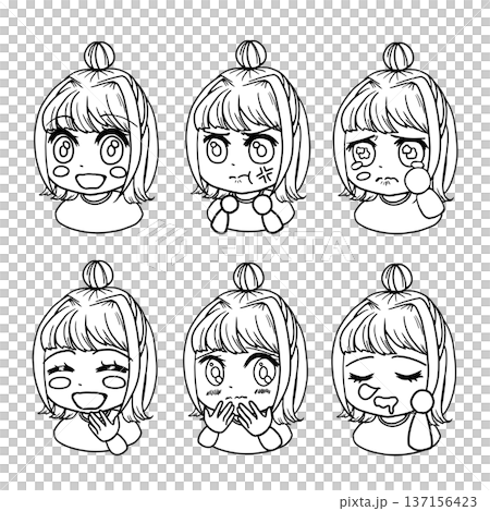 梳著髮髻的女孩線描圖 - 基本面部表情變化集 137156423