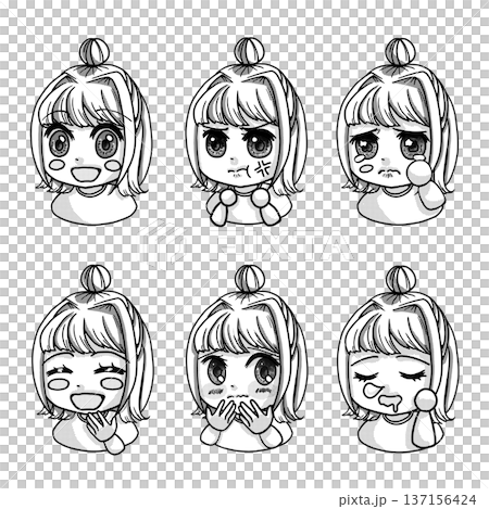 單色插畫，描繪了一個梳著髮髻的女孩——基本面部表情變化集 137156424