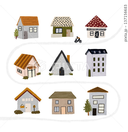 手書き風の家が並ぶ街並みと通りのイラスト 137156683