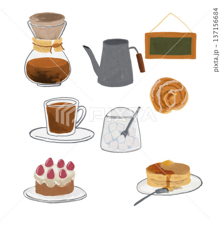 手書き風のコーヒーとスイーツのセット 137156684