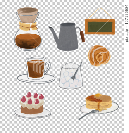 手書き風のコーヒーとスイーツのセット 137156684