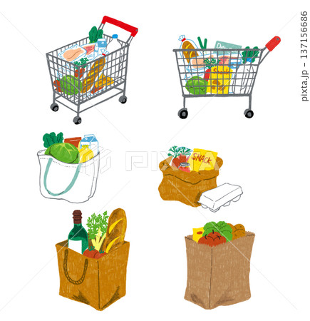 手書き風のショッピングカートとエコバッグ 137156686