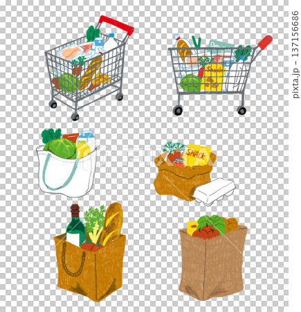 手書き風のショッピングカートとエコバッグ 137156686