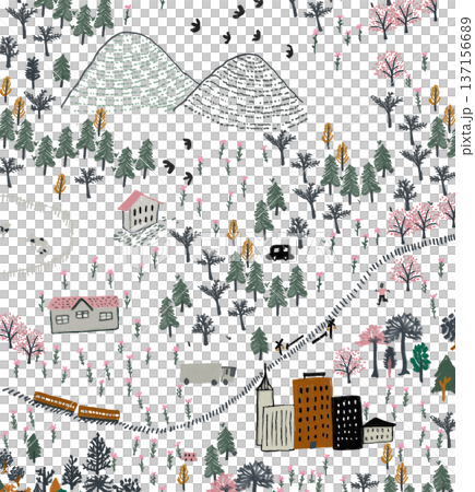 Hand-drawn city and mountain landscape Hand-drawn city and mountain landscape 137156689