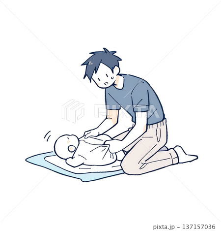 育児休暇で赤ちゃんの世話をする若いお父さん 137157036