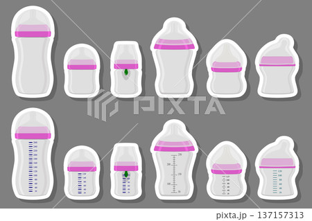 Illustration on theme big colored kit baby milk in bottle with rubber pacifier Illustration on theme big colored kit baby milk in bottle with rubber pacifier 137157313