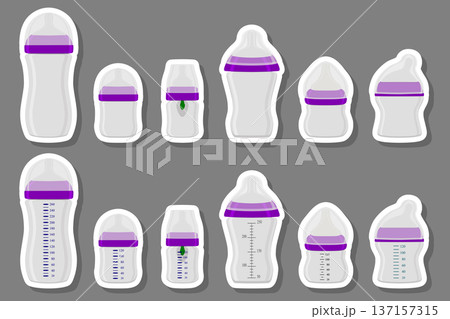 Illustration on theme big colored kit baby milk in bottle with rubber pacifier Illustration on theme big colored kit baby milk in bottle with rubber pacifier 137157315