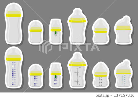 Illustration on theme big colored kit baby milk in bottle with rubber pacifier Illustration on theme big colored kit baby milk in bottle with rubber pacifier 137157316