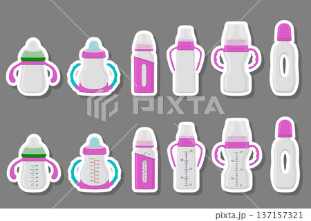 Illustration on theme big colored kit baby milk in bottle with rubber pacifier Illustration on theme big colored kit baby milk in bottle with rubber pacifier 137157321