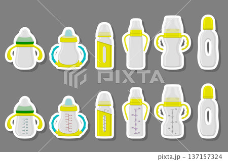 Illustration on theme big colored kit baby milk in bottle with rubber pacifier Illustration on theme big colored kit baby milk in bottle with rubber pacifier 137157324