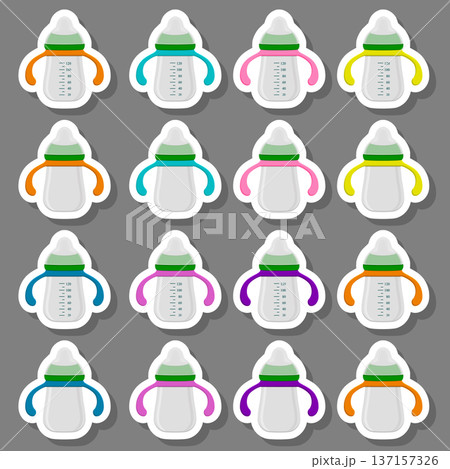 Illustration on theme big colored kit baby milk in bottle with rubber pacifier Illustration on theme big colored kit baby milk in bottle with rubber pacifier 137157326