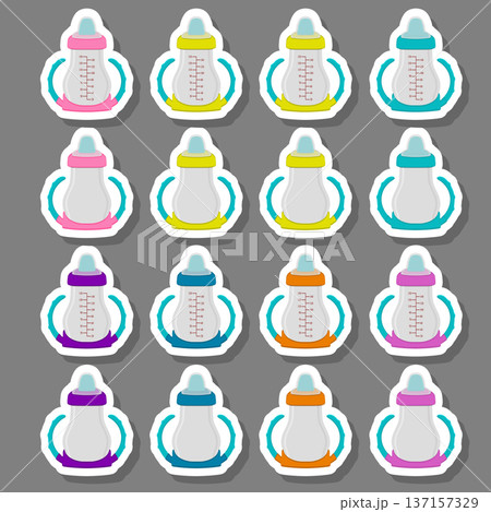 Illustration on theme big colored kit baby milk in bottle with rubber pacifier 137157329