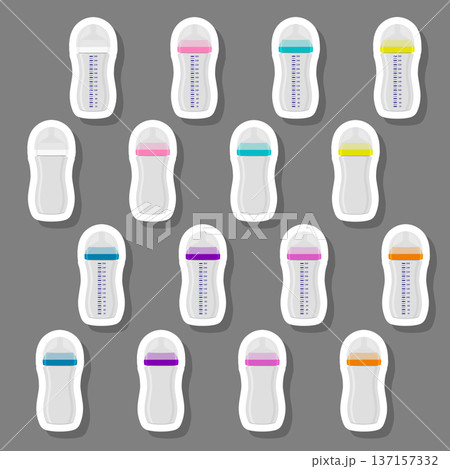 Illustration on theme big colored kit baby milk in bottle with rubber pacifier Illustration on theme big colored kit baby milk in bottle with rubber pacifier 137157332