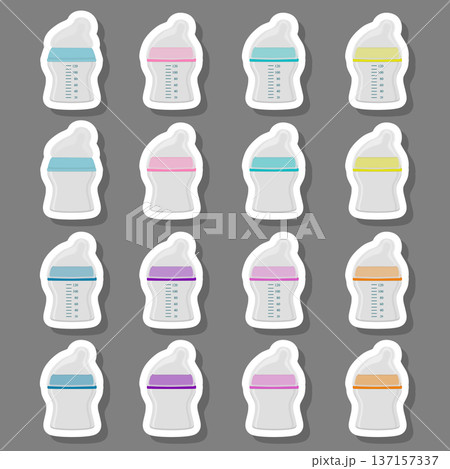Illustration on theme big colored kit baby milk in bottle with rubber pacifier 137157337