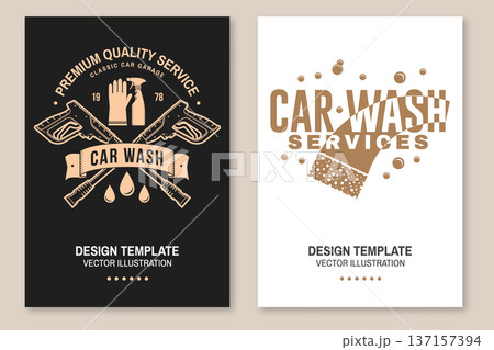 Professional car wash poster, banner and flyer template set. Vector auto cleaning and car service advertising design with washing equipment and vehicle care elements. 137157394