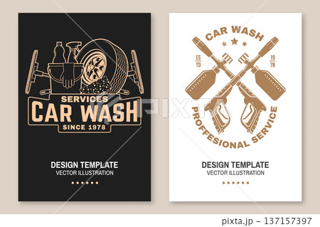 Professional car wash poster, banner and flyer template set. Vector auto cleaning and car service advertising design with washing equipment and vehicle care elements. Professional car wash poster, banner and flyer template set. Vector auto cleaning and car service advertising design with washing equipment and vehicle care elements. 137157397