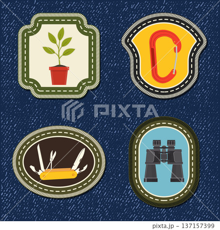 Set of Scout badge with binoculars, Red climbing carabiner, knife, potted plant with a growing seedling. Vector. Merit patch, sticker for camping outdoor and academic activities Set of Scout badge with binoculars, Red climbing carabiner, knife, potted plant with a growing seedling. Vector. Merit patch, sticker for camping outdoor and academic activities 137157399