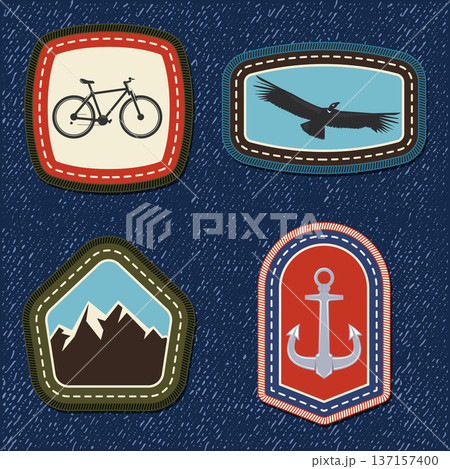 Scout badge with mountain bicycle, anchor marine, mountain, condor. Vector. Merit patch, sticker for camping outdoor and academic activities. 137157400