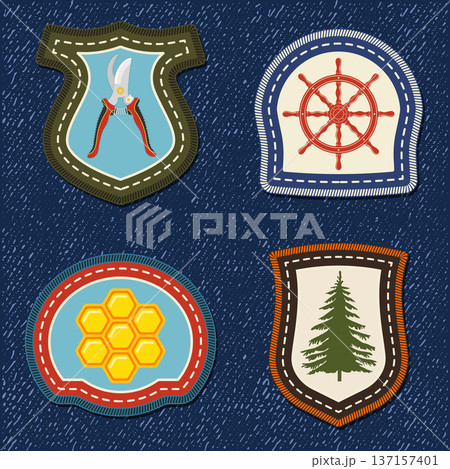 Set of Scout badge with garden pruning shears, honeycombs, ship helm, pine tree. Vector. Merit patch, sticker for camping outdoor and academic activities. Perfect for scouting programs, gardening Set of Scout badge with garden pruning shears, honeycombs, ship helm, pine tree. Vector. Merit patch, sticker for camping outdoor and academic activities. Perfect for scouting programs, gardening 137157401