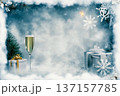 Winter celebration with champagne flutes, snowflakes, and festive decorations in a misty atmosphere 137157785