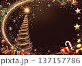 Colorful spiral firework displays festive spirit around Christmas tree with gifts during a holiday celebration at night 137157786