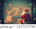 Silhouette of Santa overlooking a cityscape during a snowy evening in December 137157794