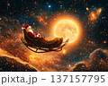 Santa's cosmic sleigh passing through a starry sky beneath a shining moon 137157795