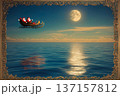 Santa flies his sleigh over a calm ocean under a full moon at twilight 137157812