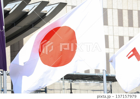 【日本の国旗】春の街並みになびく国旗 137157979