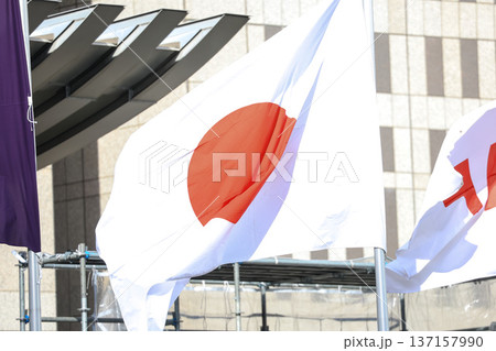 【日本の国旗】春の街並みになびく国旗 137157990